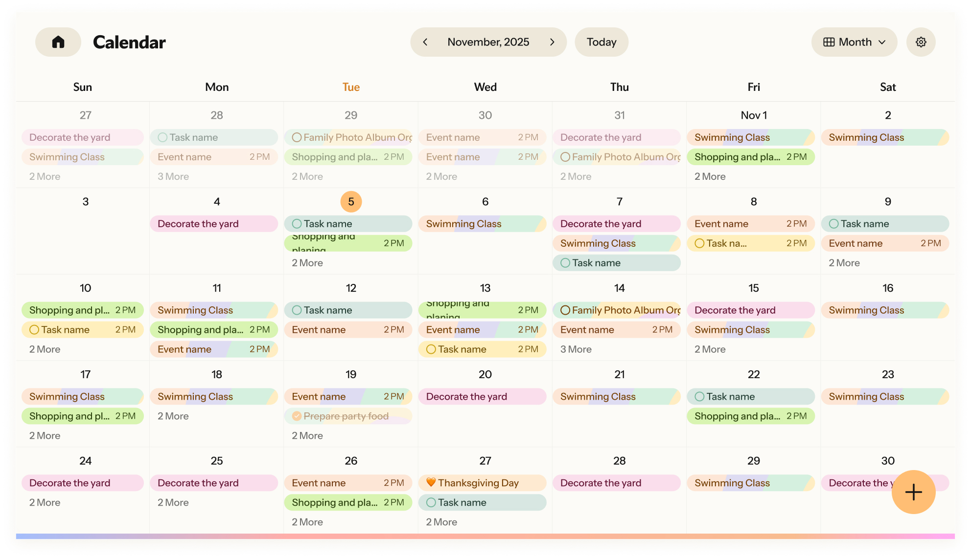 202511271230“Calendar”“Views”“Decorate the yard”“Shopping and pla...”“2 More”“Month”“+”