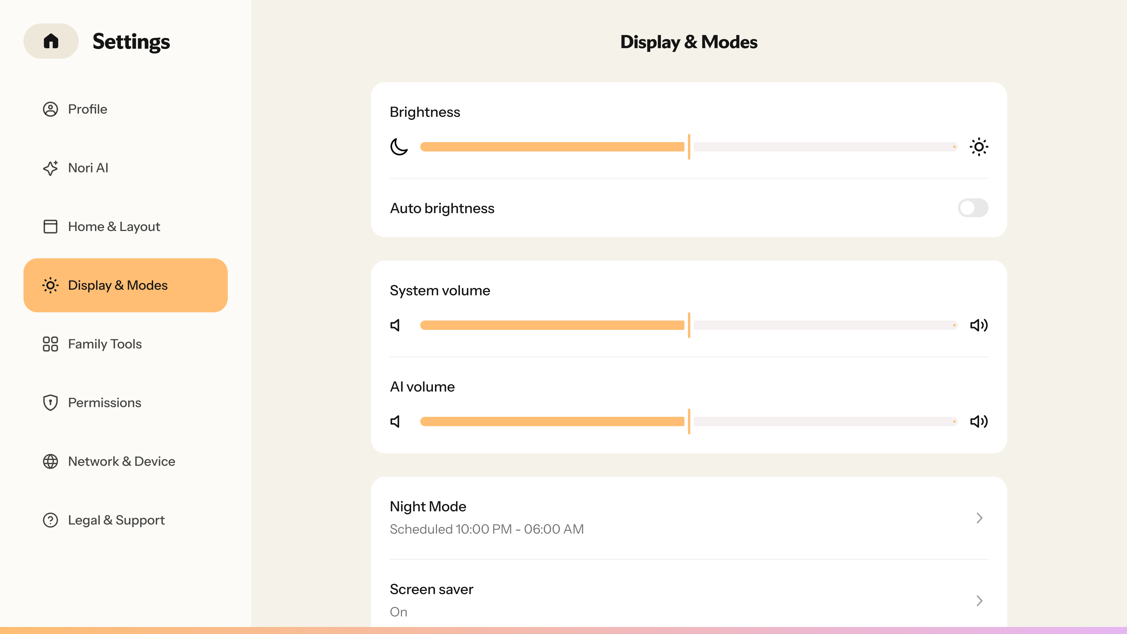 Nori Family Hub“Display & Modes”“Display & Modes”“Display & Modes”AI60AI5010:00 PM - 06:00 AM