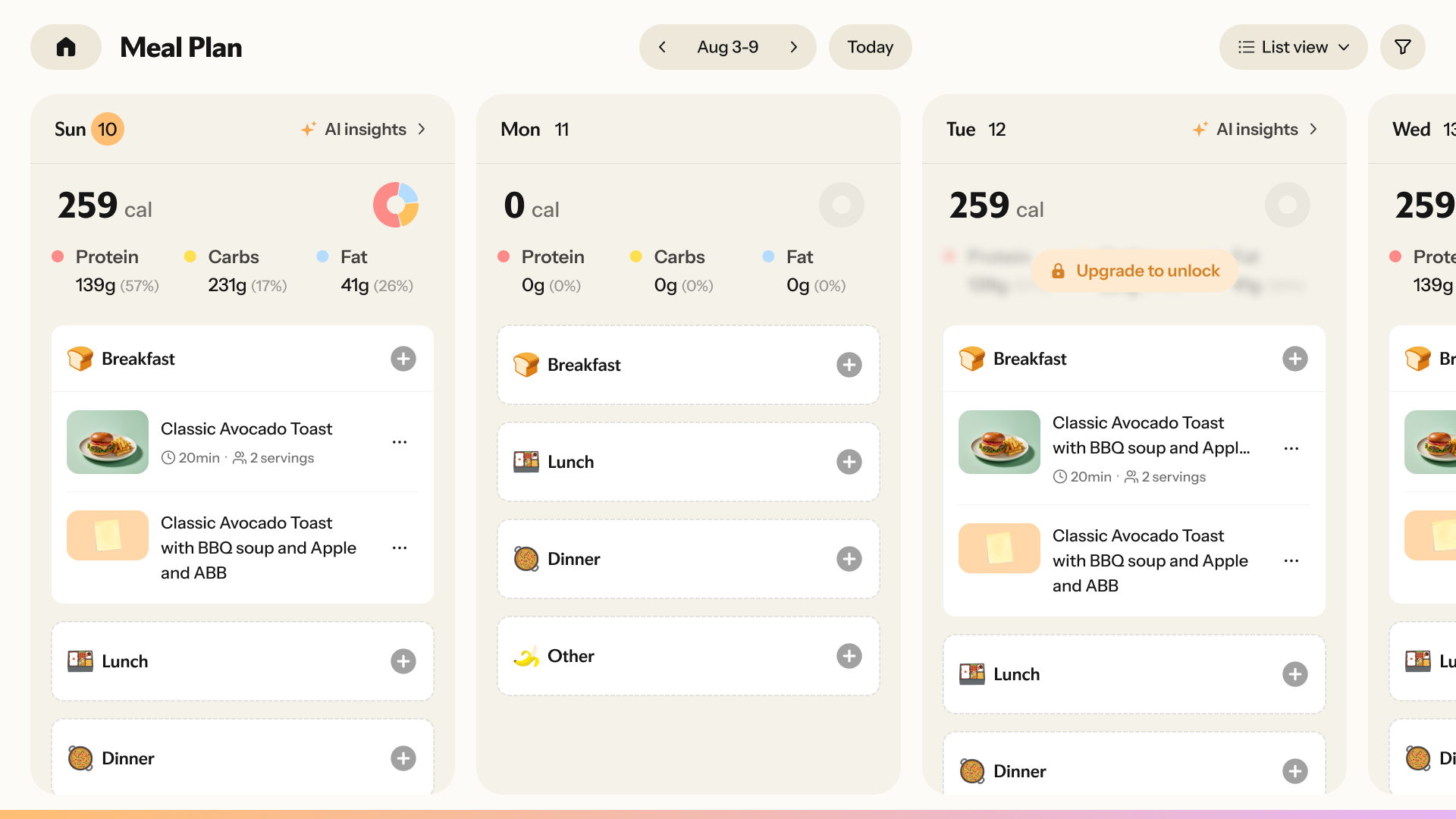 “Meal Plan”810“AI insights”811“Classic Avocado Toast”812“Classic Avocado Toast with BBQ soup and Apple and ABB”“List view”“Calendar view”“List view”“Meal Plan”