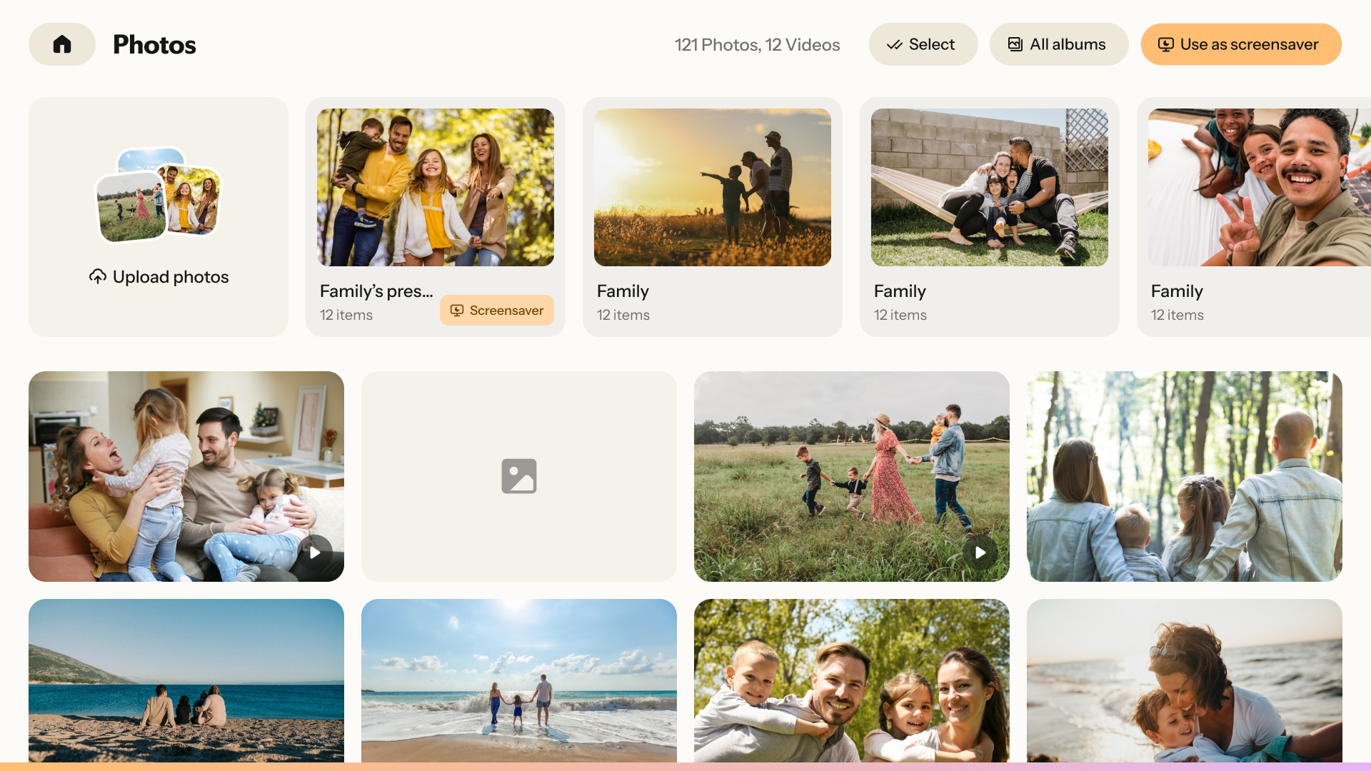 Nori appPhotos“Photos”“Select”“All albums”“Use as screensaver”“Family’s pres...”“Family”“Upload photos”Nori appPhotosPhotos