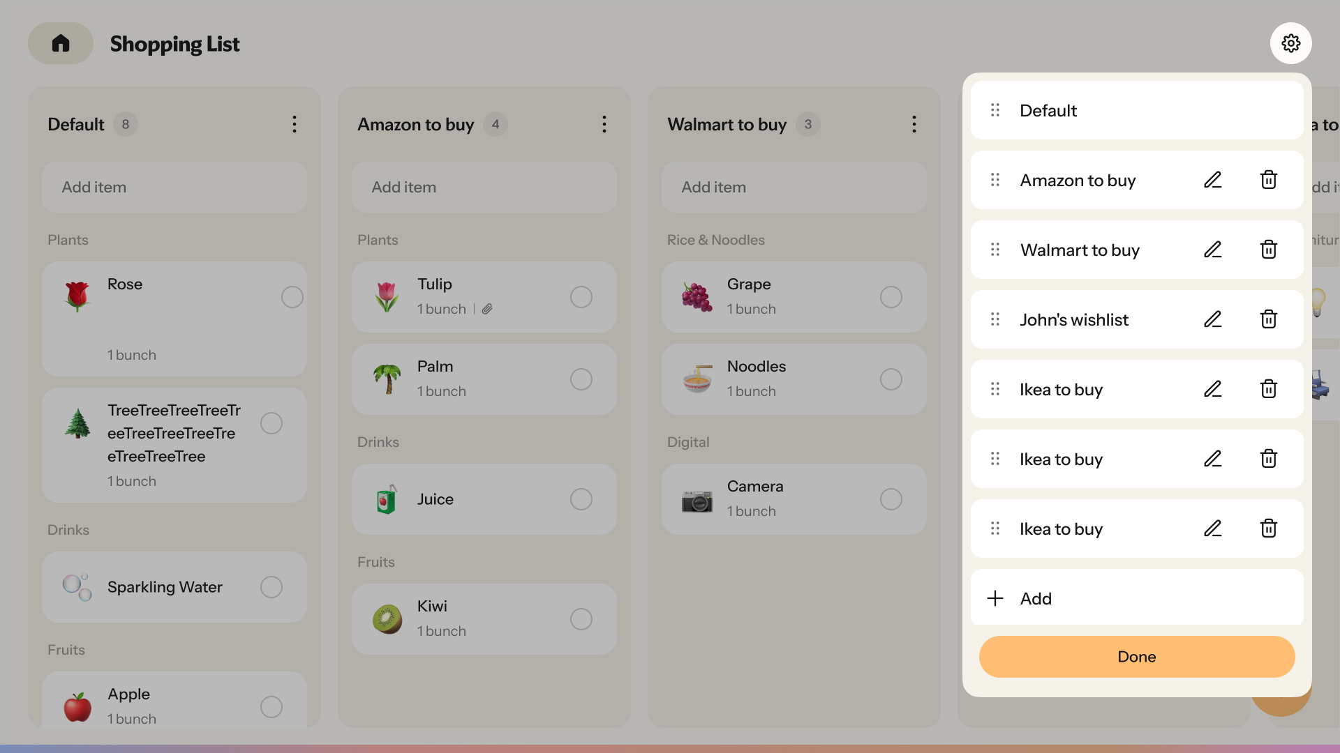 NoriShopping ListDefaultAmazon to buyWalmart to buyPlantsRoseTreeDefaultAmazon to buy“Add”“Done”“Manage lists”