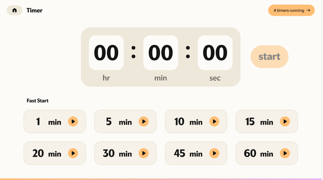 Nori Family Hub“Timer”“4 timers running”“00:00:00”“Fast Start”1510