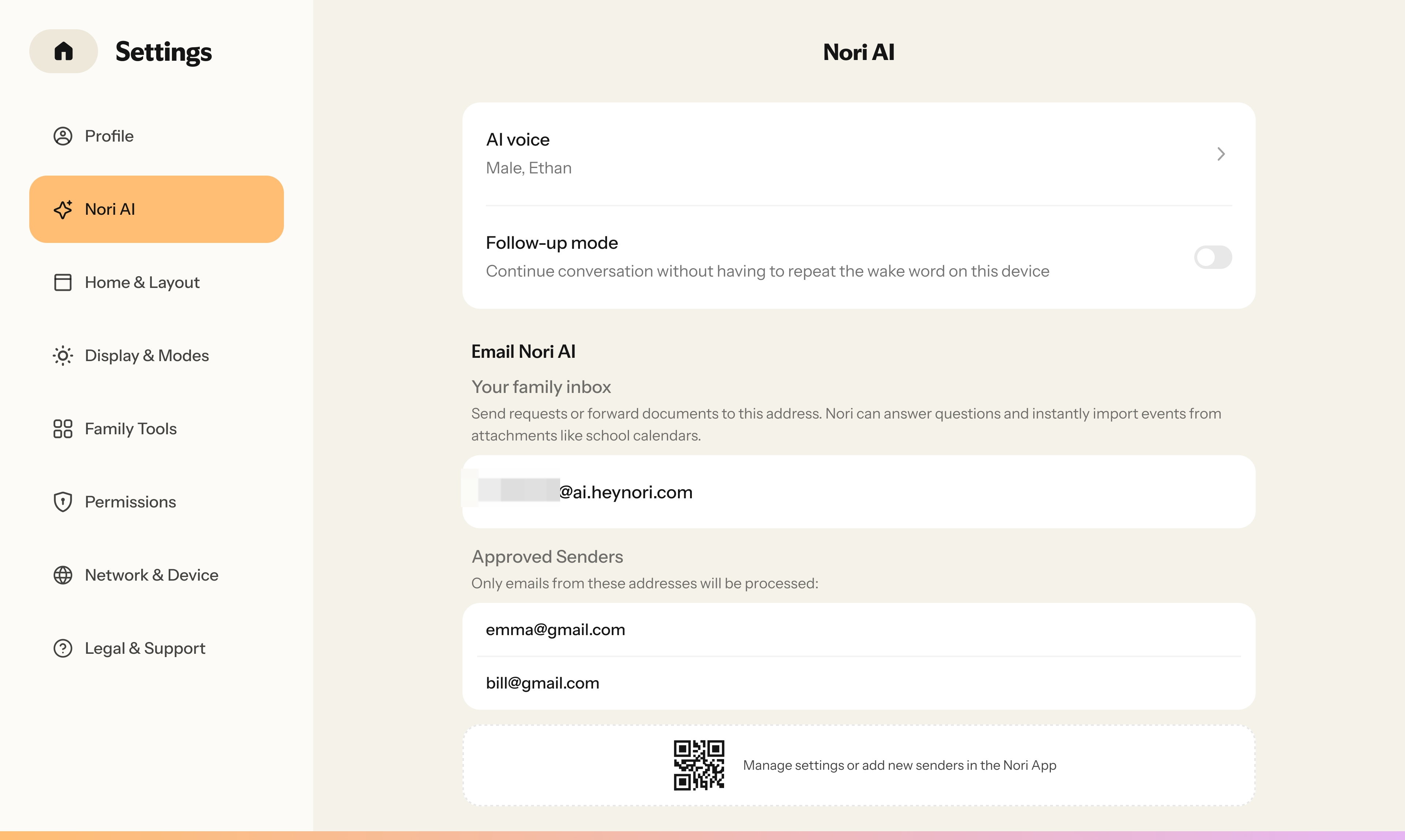 Nori Family HubAI“Nori AI”AI“Male, Ethan”Follow-up mode“Email Nori AI”@ai.heynori.comNori