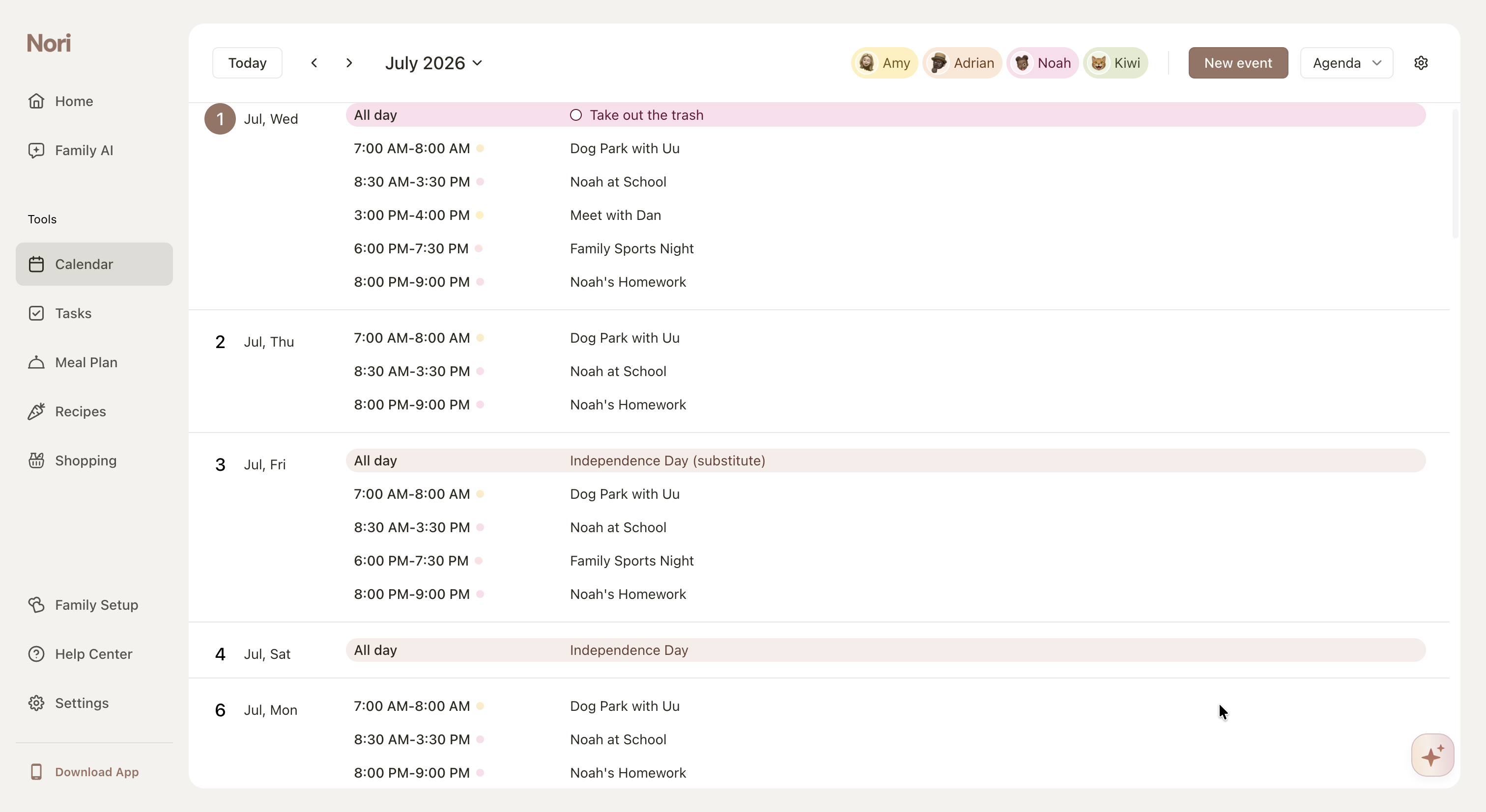 Nori WebCalendar2026771 - 6“Take out the trash”“Dog Park with Uu”“7:00 AM - 8:00 AM”“8:30 AM - 3:30 PM”“Independence Day (substitute)”“New event”“Agenda”Calendar