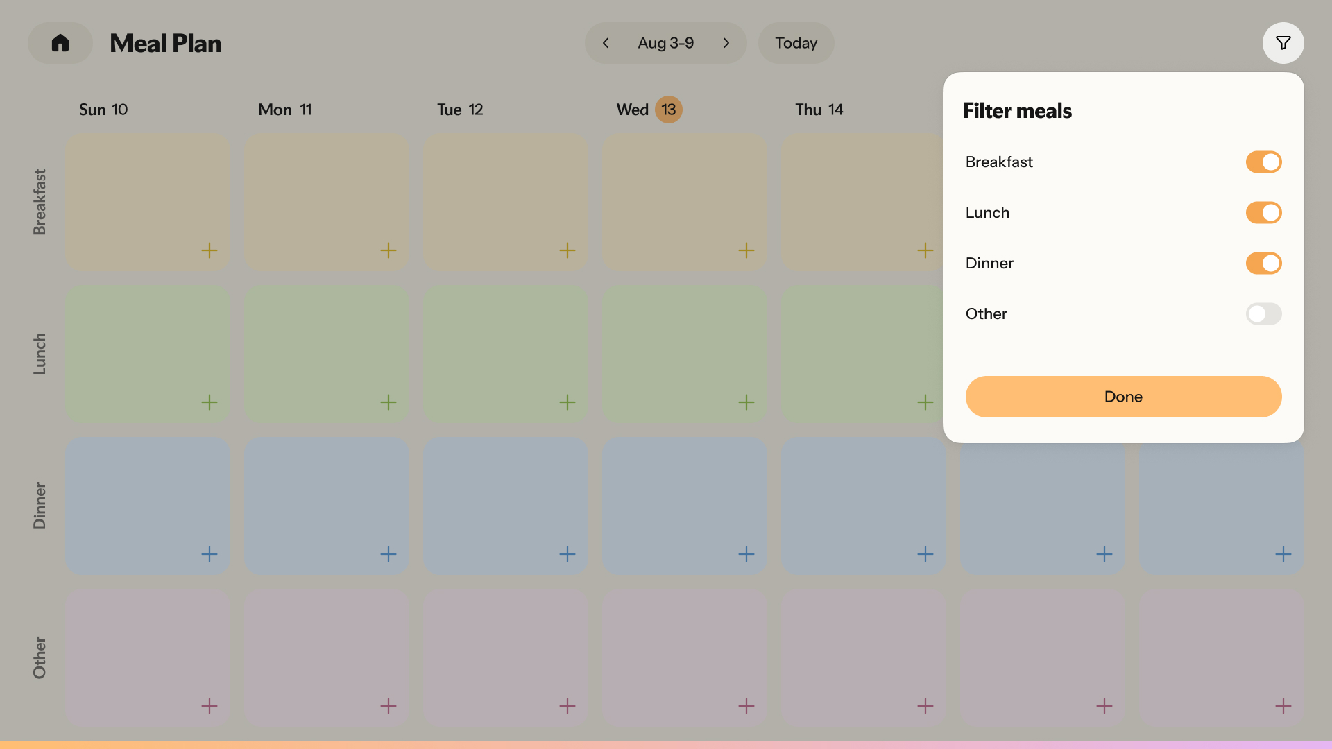 “Meal Plan”81014Other“Filter meals”OtherOther“Done”“Meal Plan”