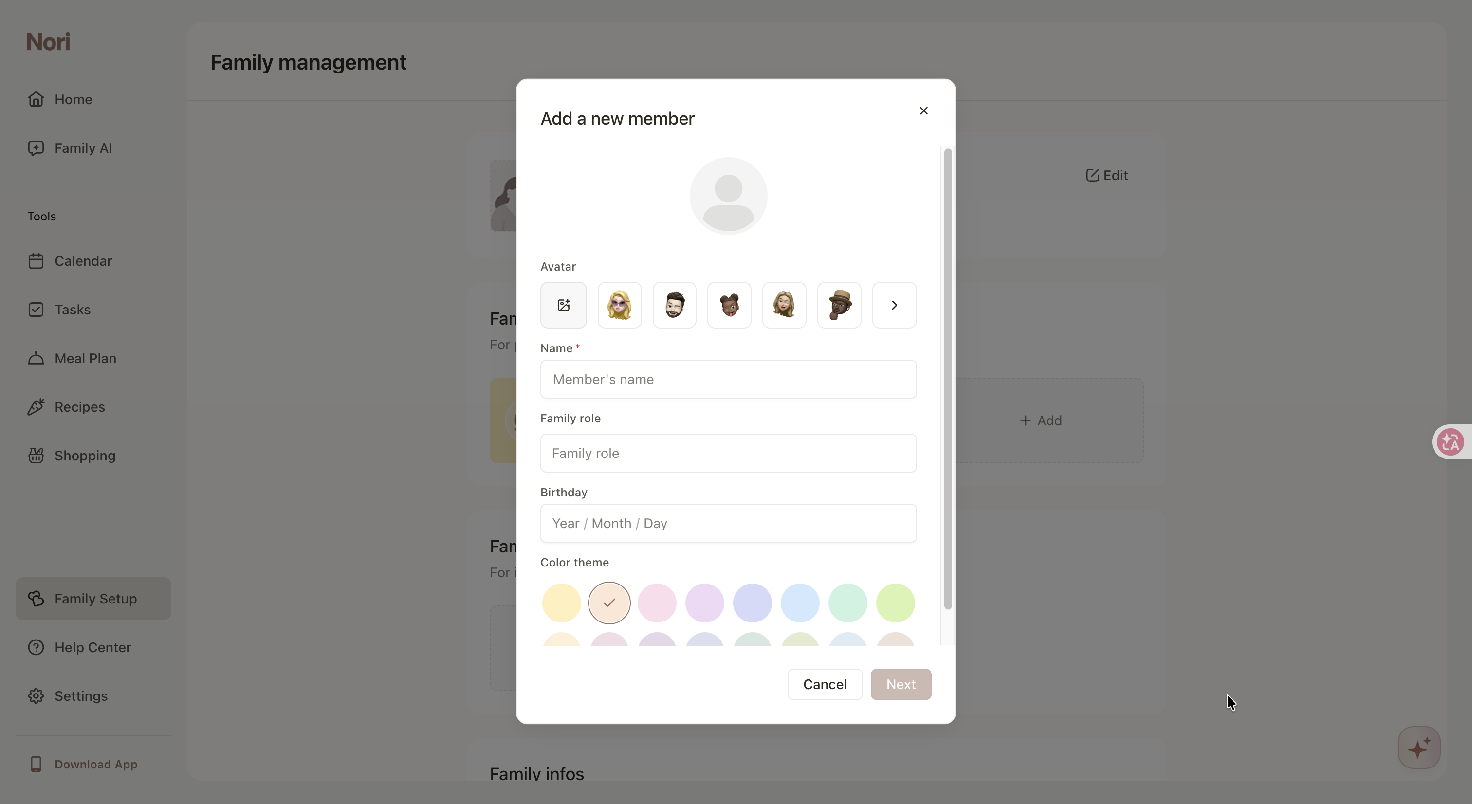 Nori Web“Family management”“Add a new member”“Add a new member”“Avatar”“Name”“Family role”“Birthday”“Color theme”“Add family members”