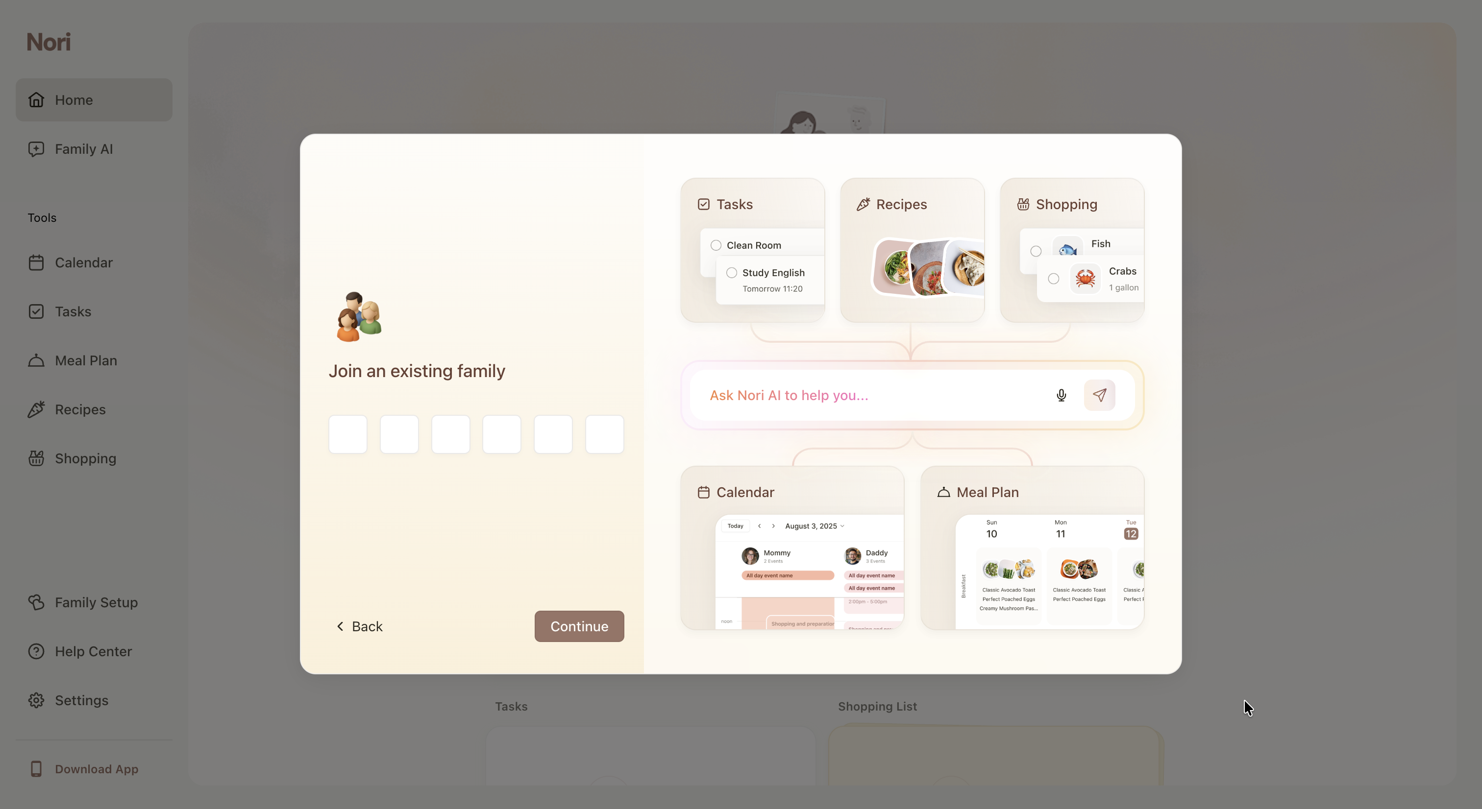 Nori Web“”“Back”“Continue”NoriTasksRecipesShoppingCalendarMeal PlanAINoriNori/