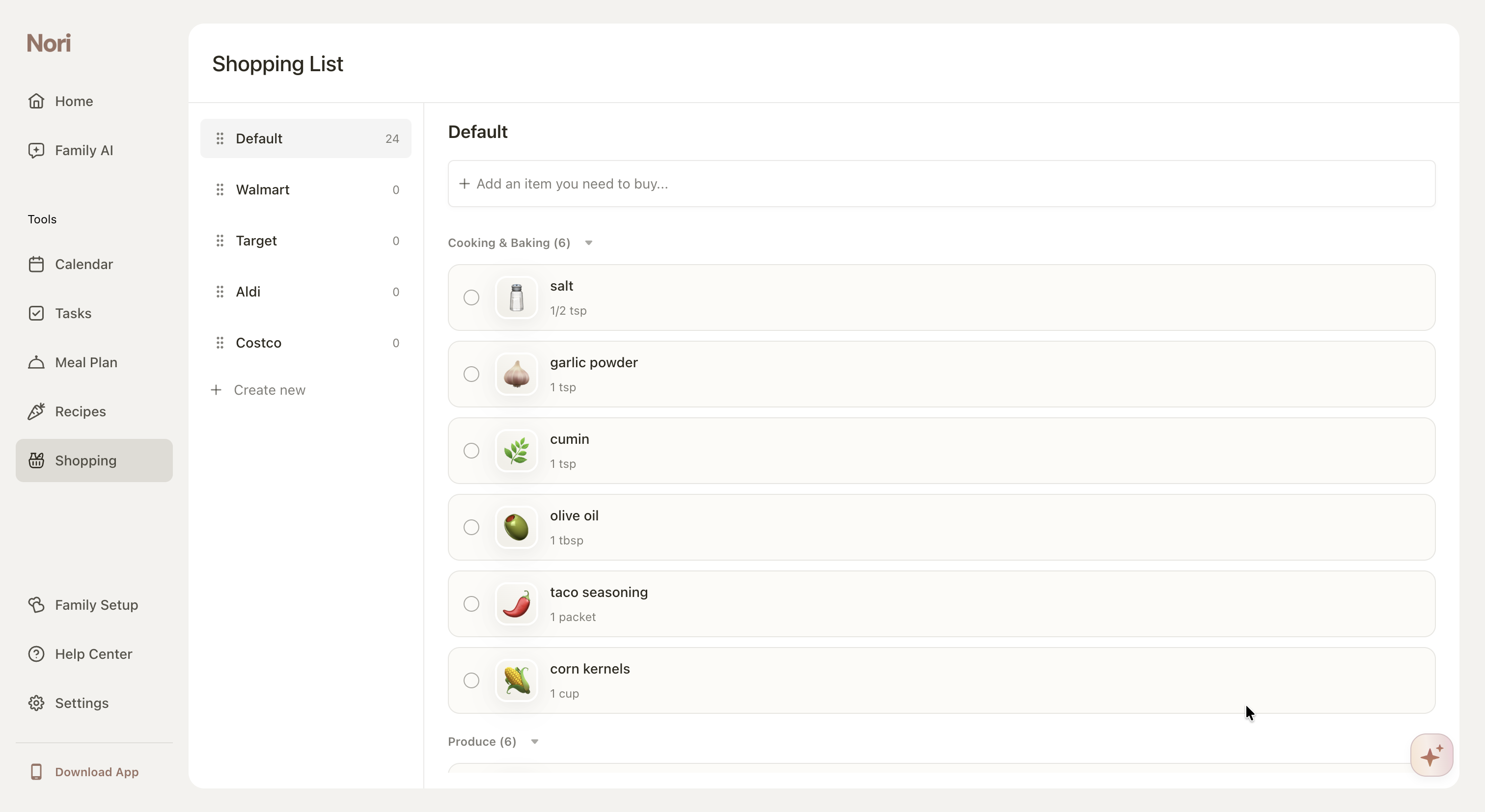 Nori WebShopping ListHomeFamily AIDefaultWalmartDefaultCooking & Baking“salt”“garlic powder”“+”Shopping Lists