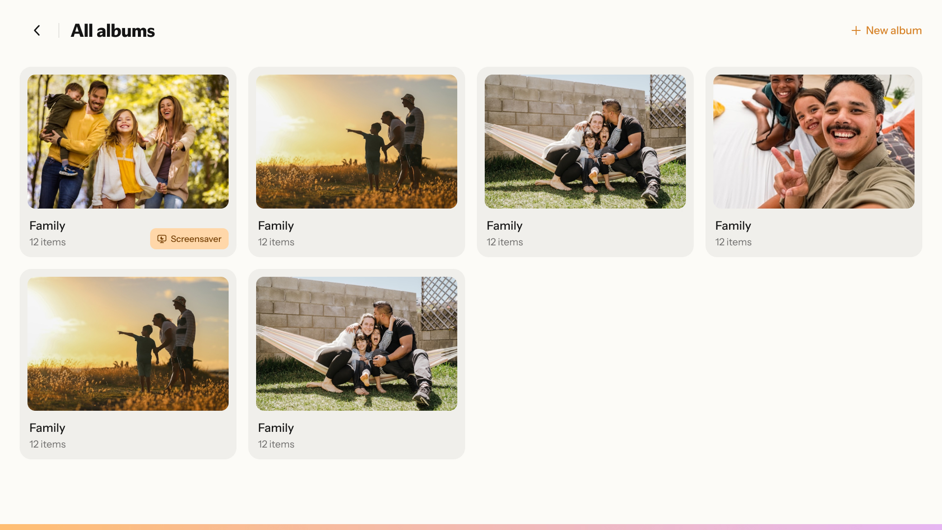 Nori“”“”“+ New album”“Family”“12 items”“@ Screensaver”“Nori”Nori