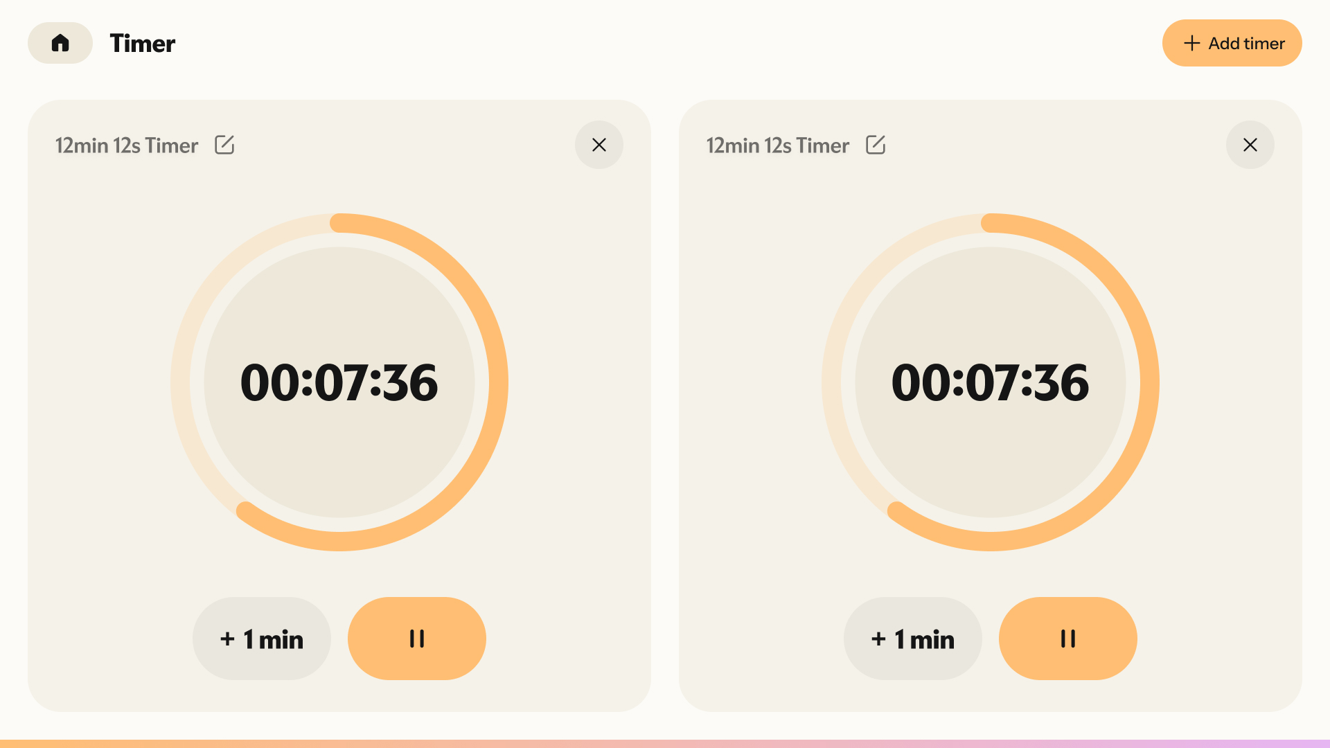 Nori Family Hub00:07:36“+1 min”“Add timer”