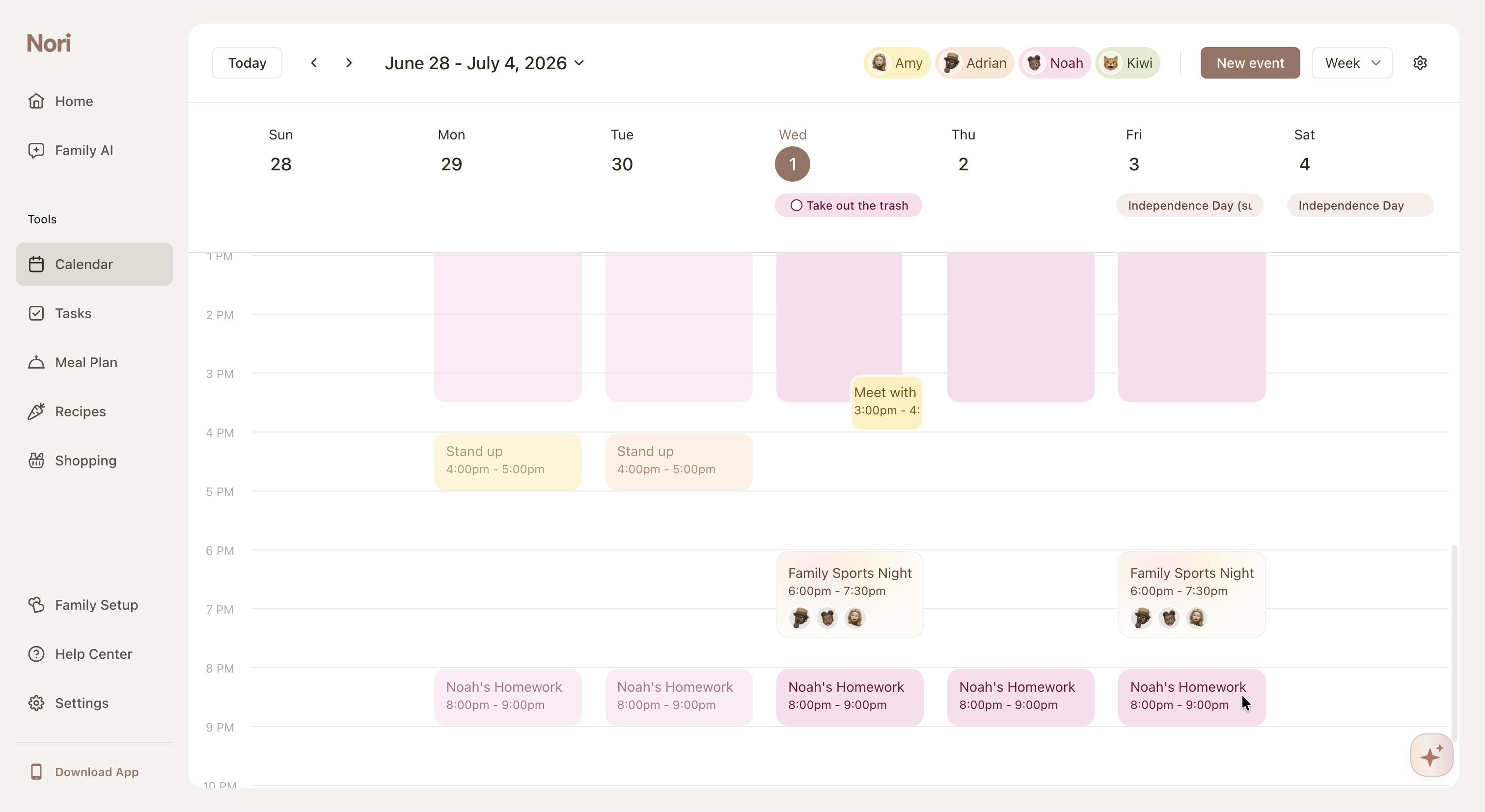 Nori WebCalendar202662874HomeFamily AI“Take out the trash”“Meet with”“Family Sports Night”“Download App”Calendar
