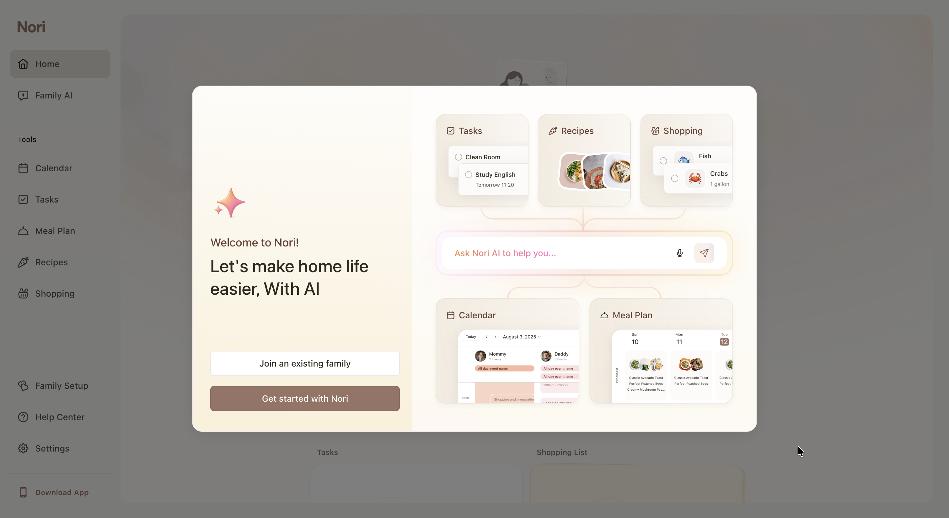 Nori Web“Welcome to Nori! Let's make home life easier, With AI”“join an existing family”“Get started with Nori”NoriAIAINori WebAINori
