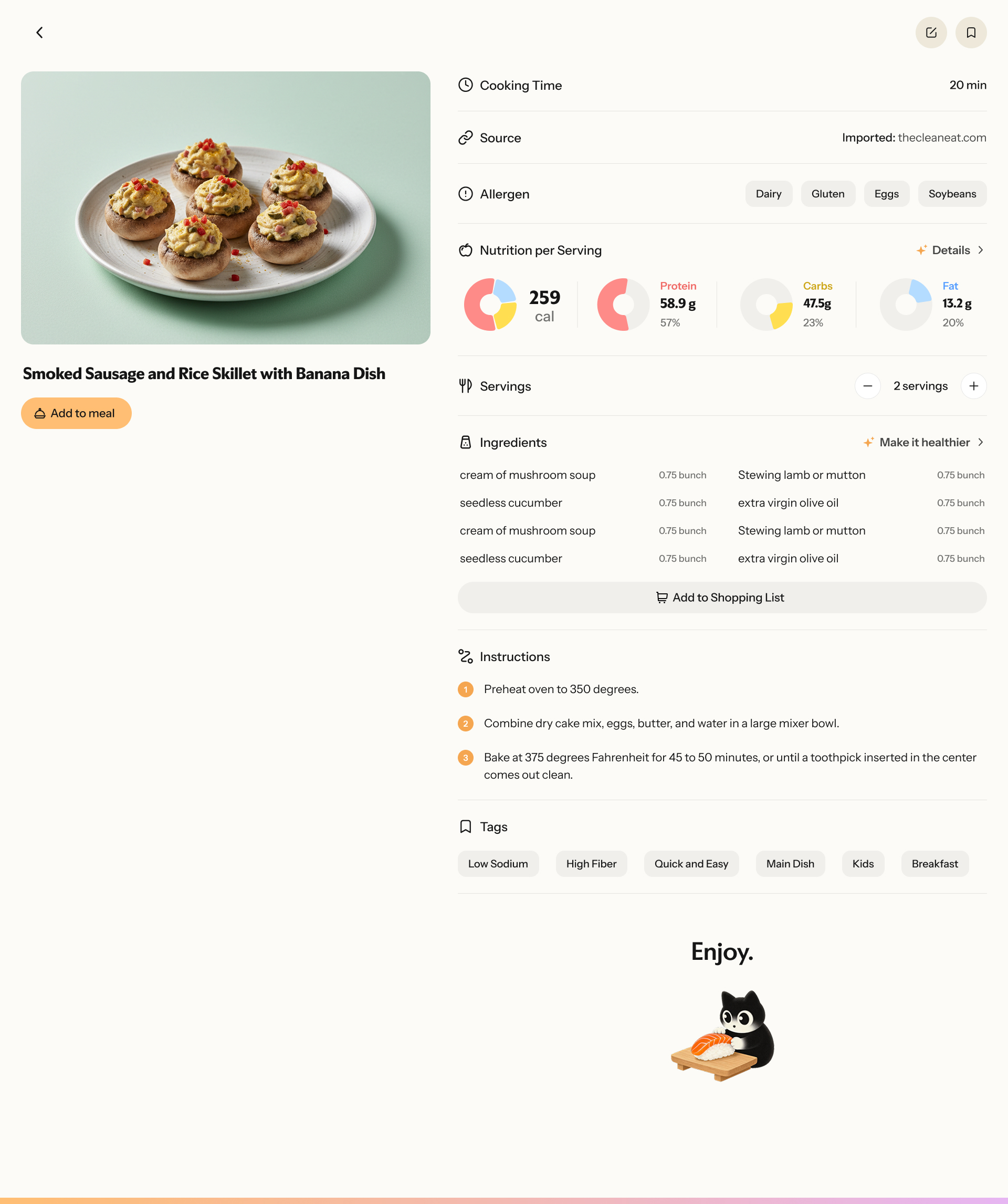 Nori app“Smoked Sausage and Rice Skillet with Banana Dish”20thecleanseat.com25956.92“Enjoy”Nori app
