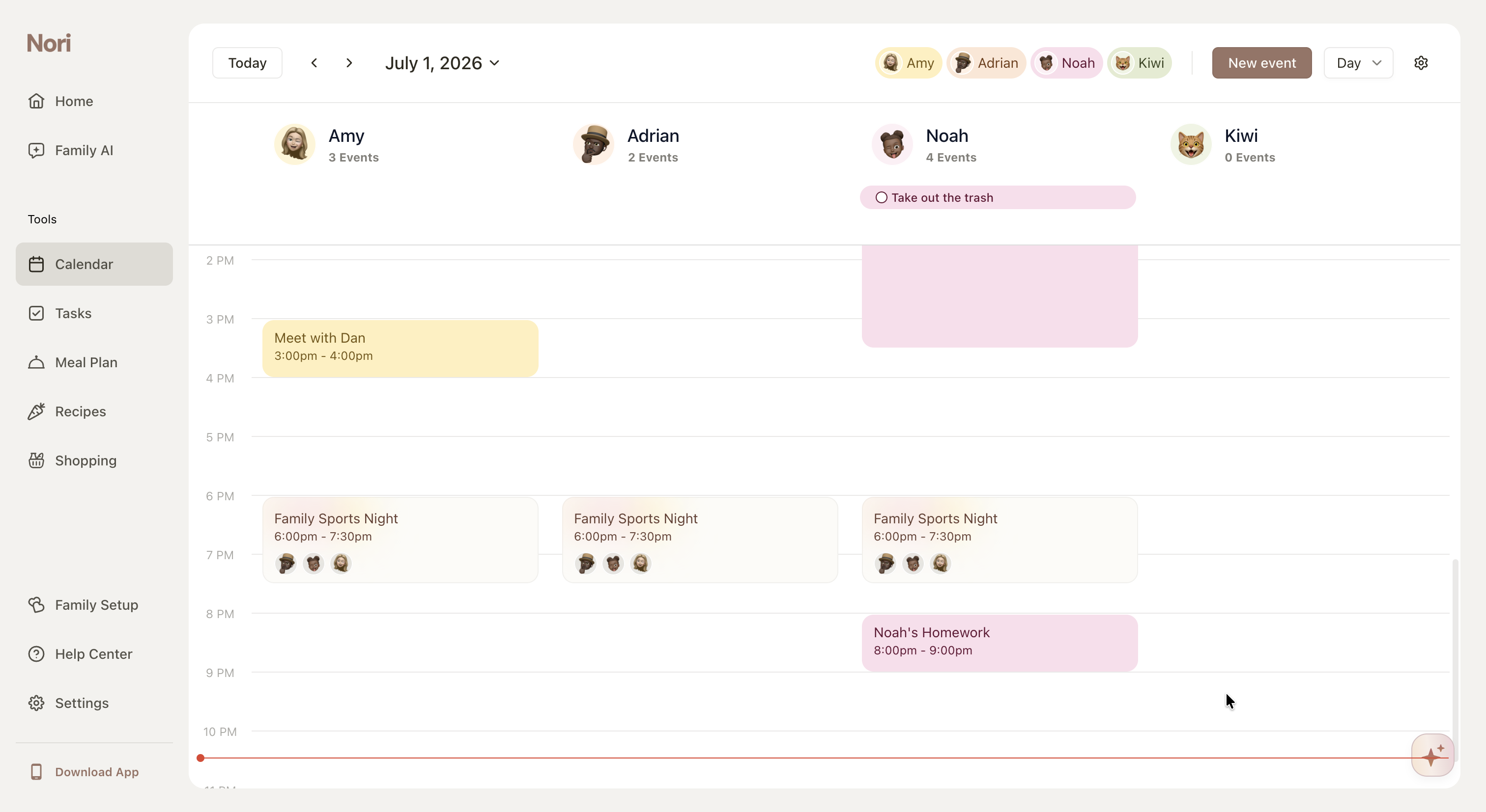 Nori WebCalendar202671“New event”“Calendar”AmyAdrianNoahKiwi“Meet with Dan”“Family Sports Night”Calendar