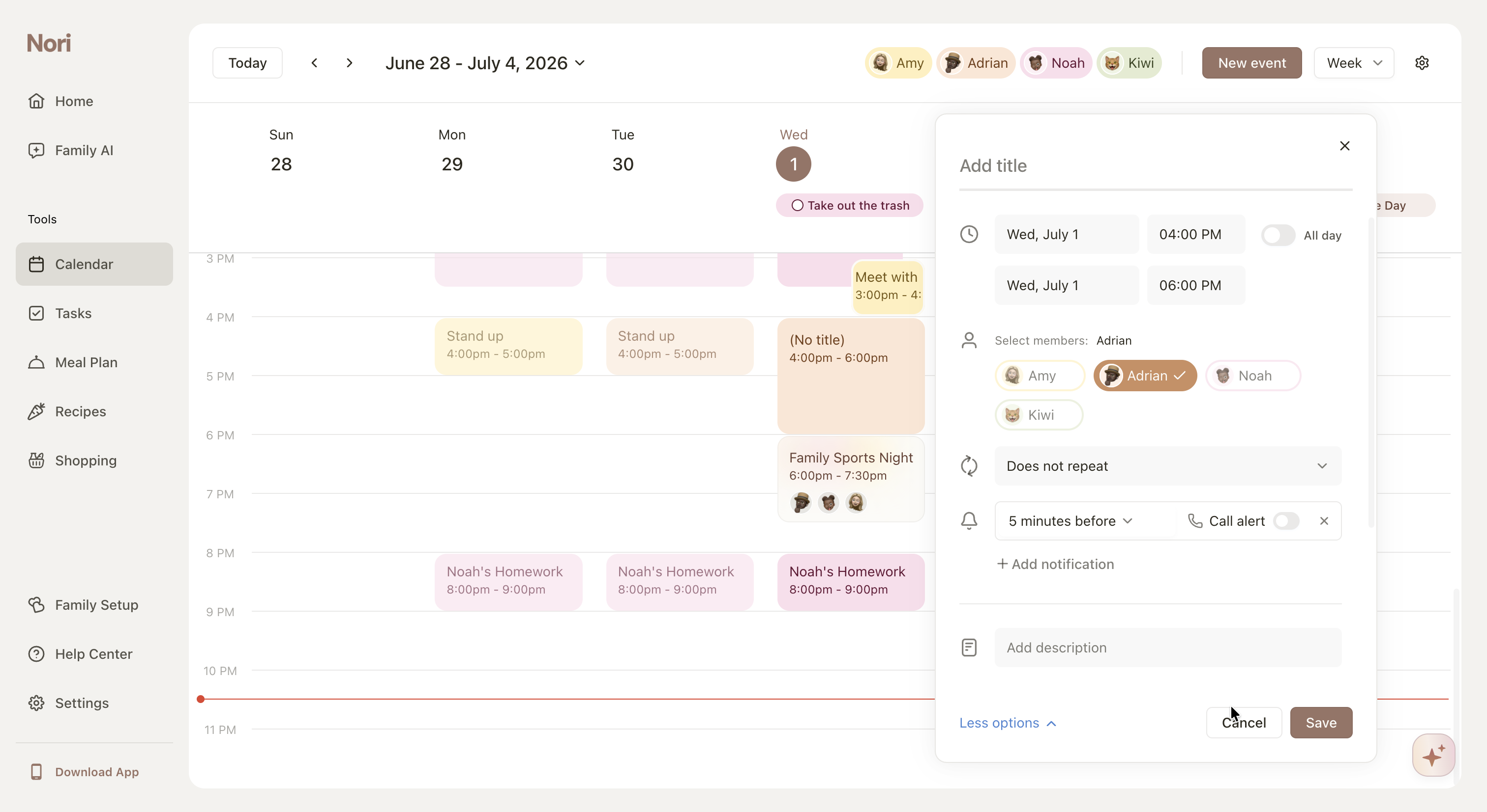 Nori WebCalendar202662874HomeFamily AI“Add event”“Create an event on Web”