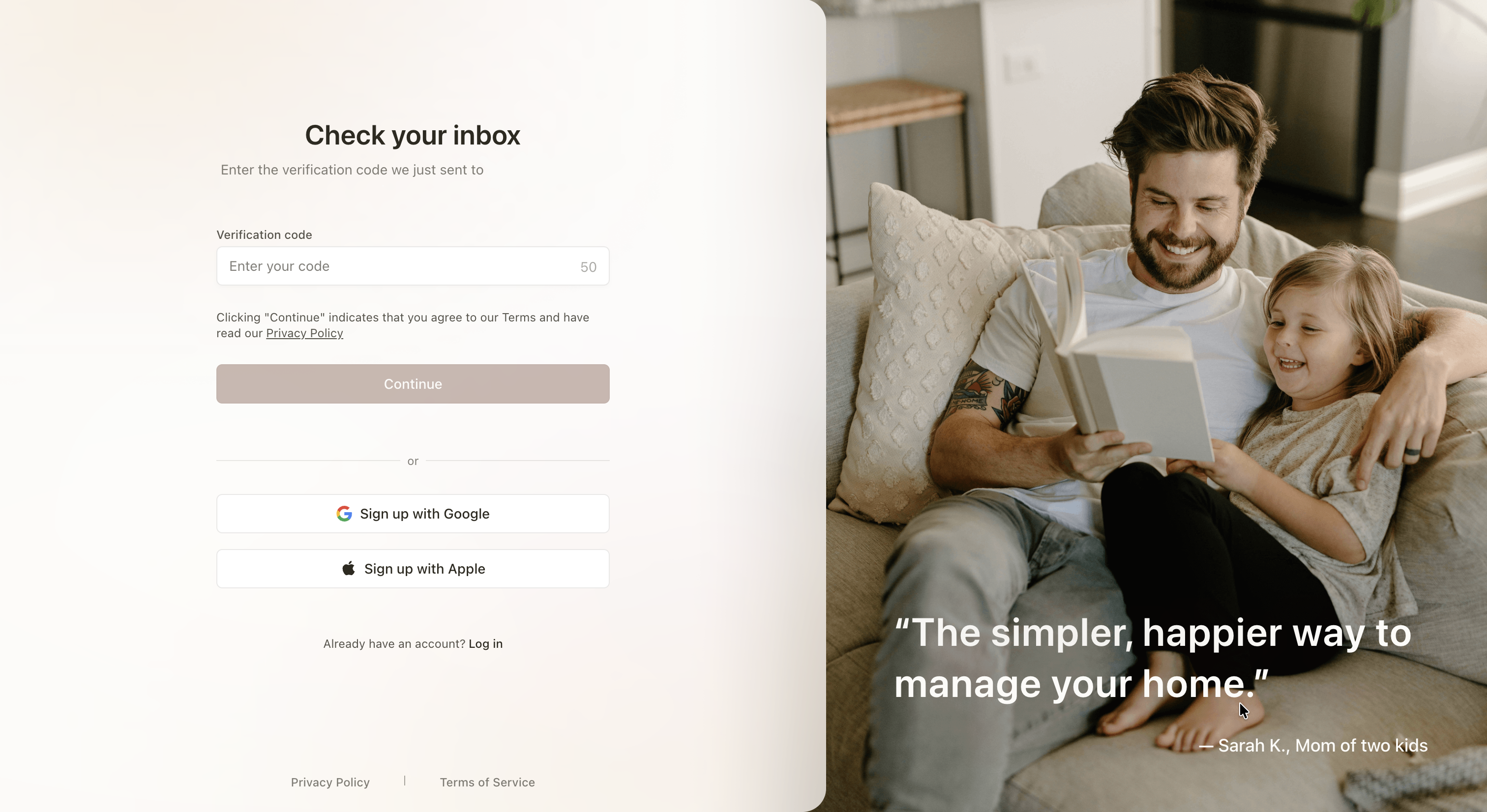 Nori Web“Continue”“Sign up with Google”“Sign up with Apple”“Already have an account? Log in”“‘The simpler, happier way to manage your home.’”“Sarah K., Mom of two kids”“Before you start”NoriNori Web