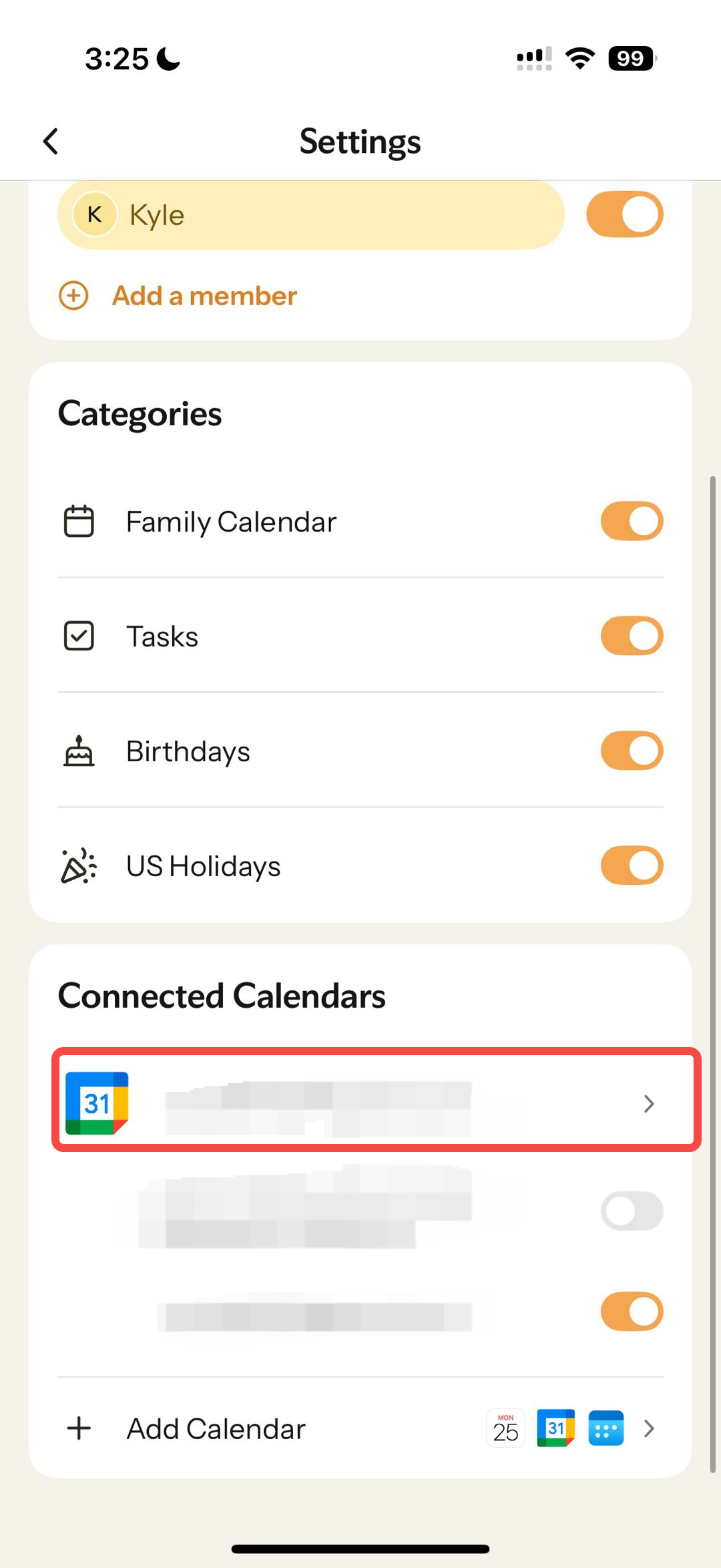 NoriKyle“Add a member”“Categories”“Family Calendar”“Tasks”“Birthdays”“US Holidays”“Family Calendar”“Connected Calendars”Google“>”“Add Calendar”“Control calendar privacy”
