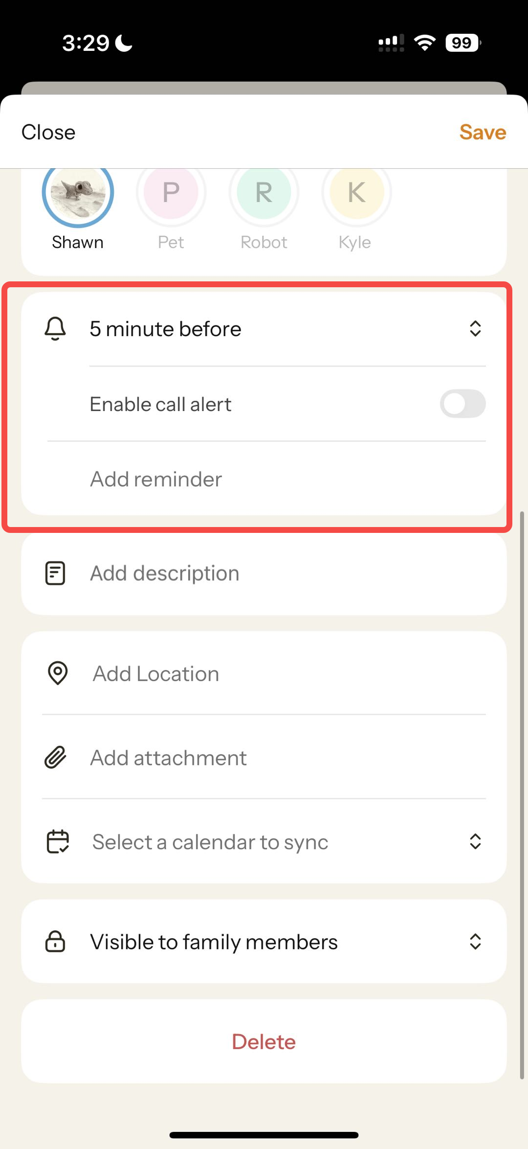 Nori“5 minute before”“5 minute before”“Enable call alert”“Add reminder”“Calendar reminders”5Call Alert
