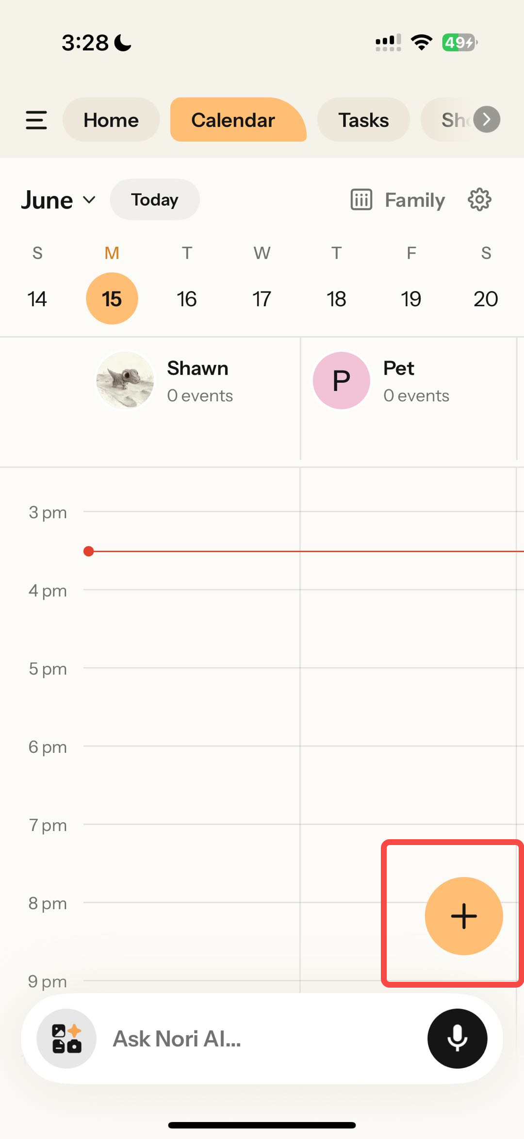Nori appCalendar3:28Wi-FiHomeCalendarTasksCalendar615ShawnPetFamily“+”“”2