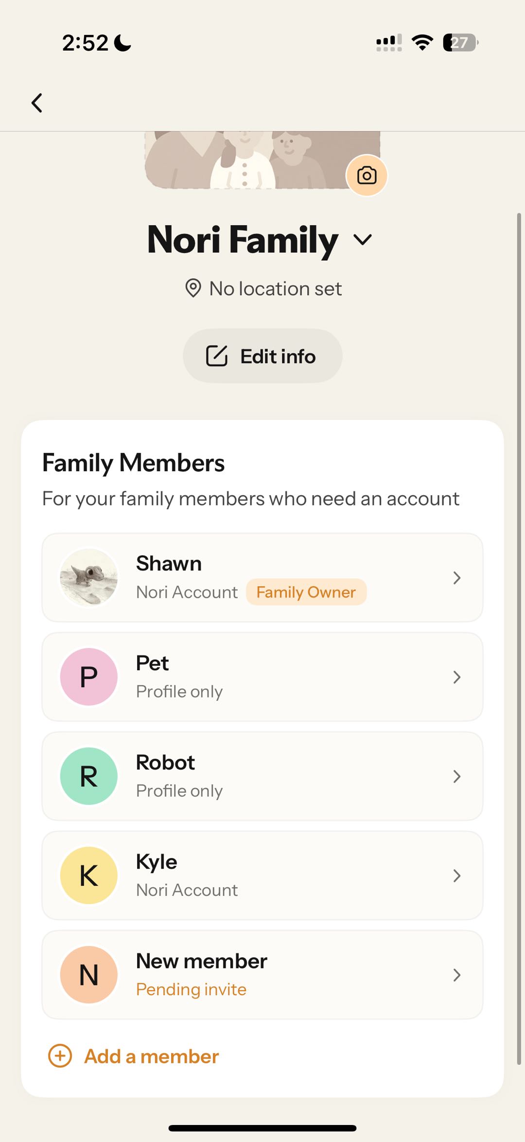 Nori2:52Wi - Fi“Nori Family”“”“”“”ShawnPetRobotKyleNew memberShawnPetRobotNew member“”Nori