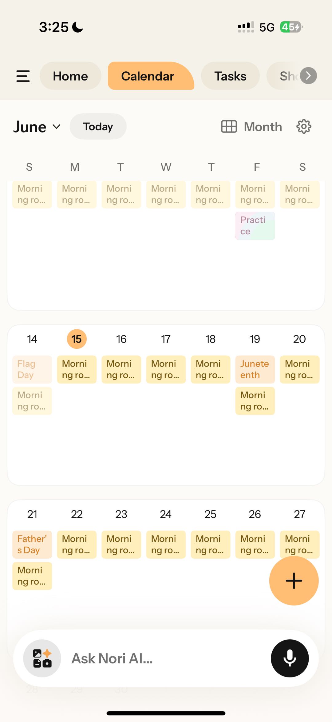 Nori appCalendar3:255GHomeCalendarTasksCalendar6“Morning routine”“Practice”“Flag Day”“Father's Day”“+”“Ask Nori AI...”Calendar
