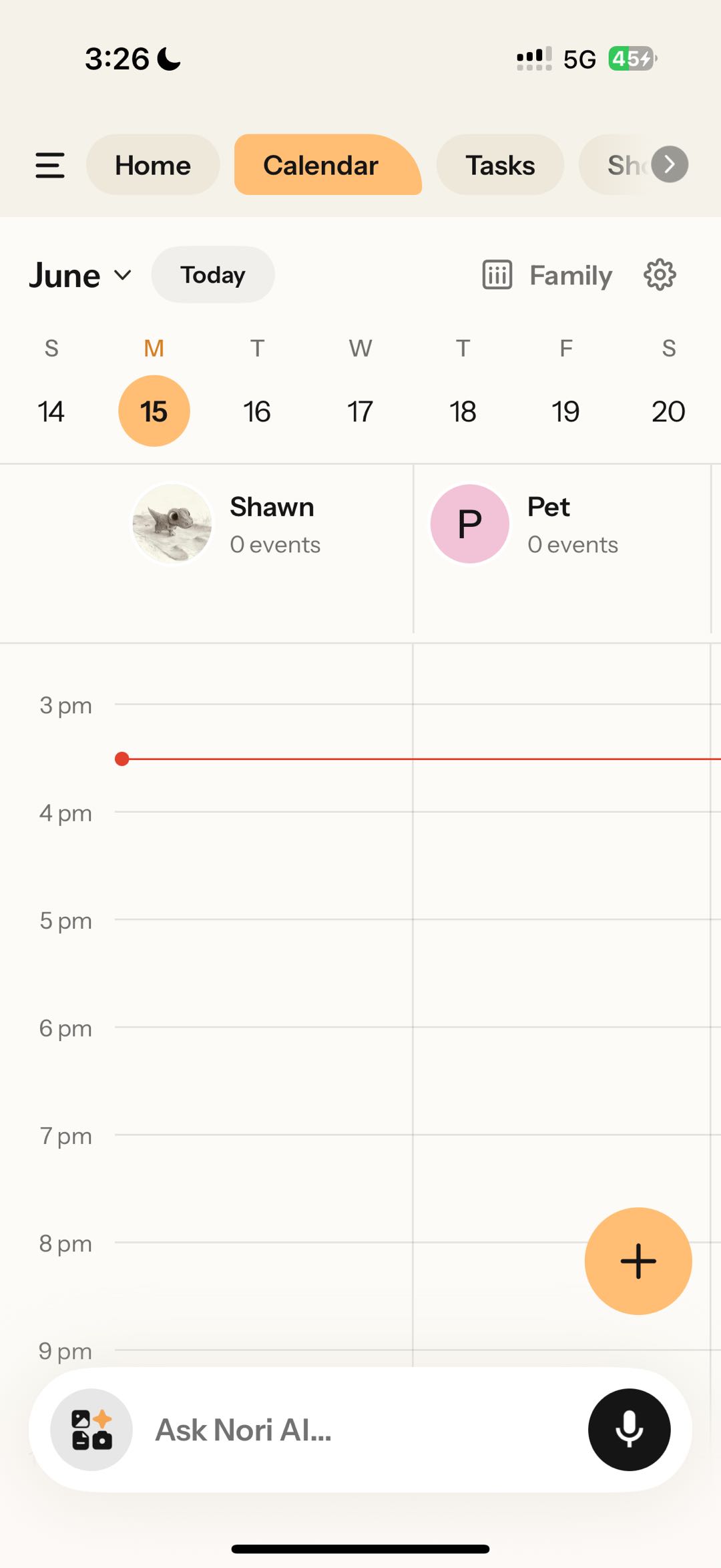 Nori“Calendar views”“Calendar”6M1539“Family”“Shawn”“Pet”“Ask Nori AI...”