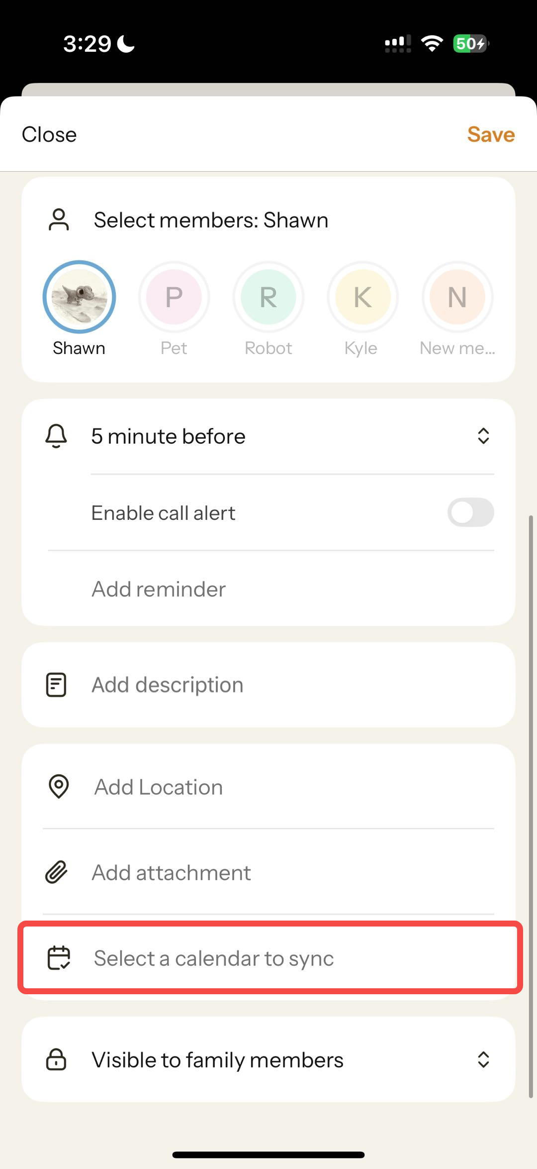 Nori app“Select members: Shawn”“5 minute before”“Enable call alert”“Add Location”“Add attachment”“Select a calendar to sync”“Create an event”