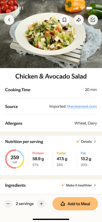 “Chicken & Avocado Salad”20thecleaneat.com25958.947.513.22“Add to Meal”“Make it healthier”