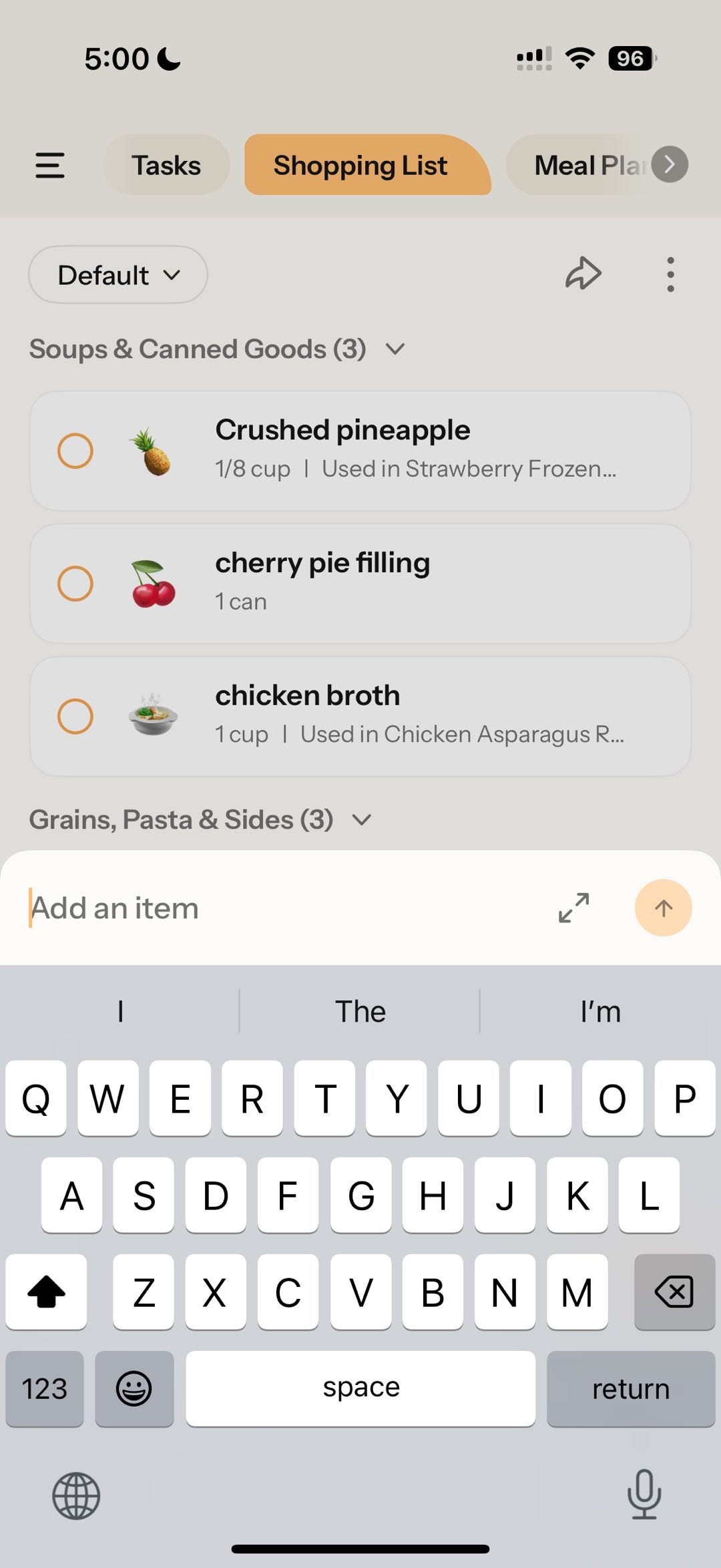 Nori“Shopping List”“Soups & Canned Goods”3Crushed pineapplecherry pie fillingchicken broth“Grains, Pasta & Sides”