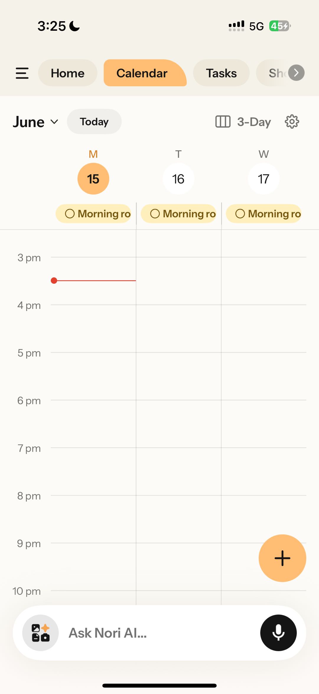 Nori appCalendar3:255G45%HomeCalendarTasksCalendar615161715“Morning ro”16173-Day“Ask Nori AI...”“+”