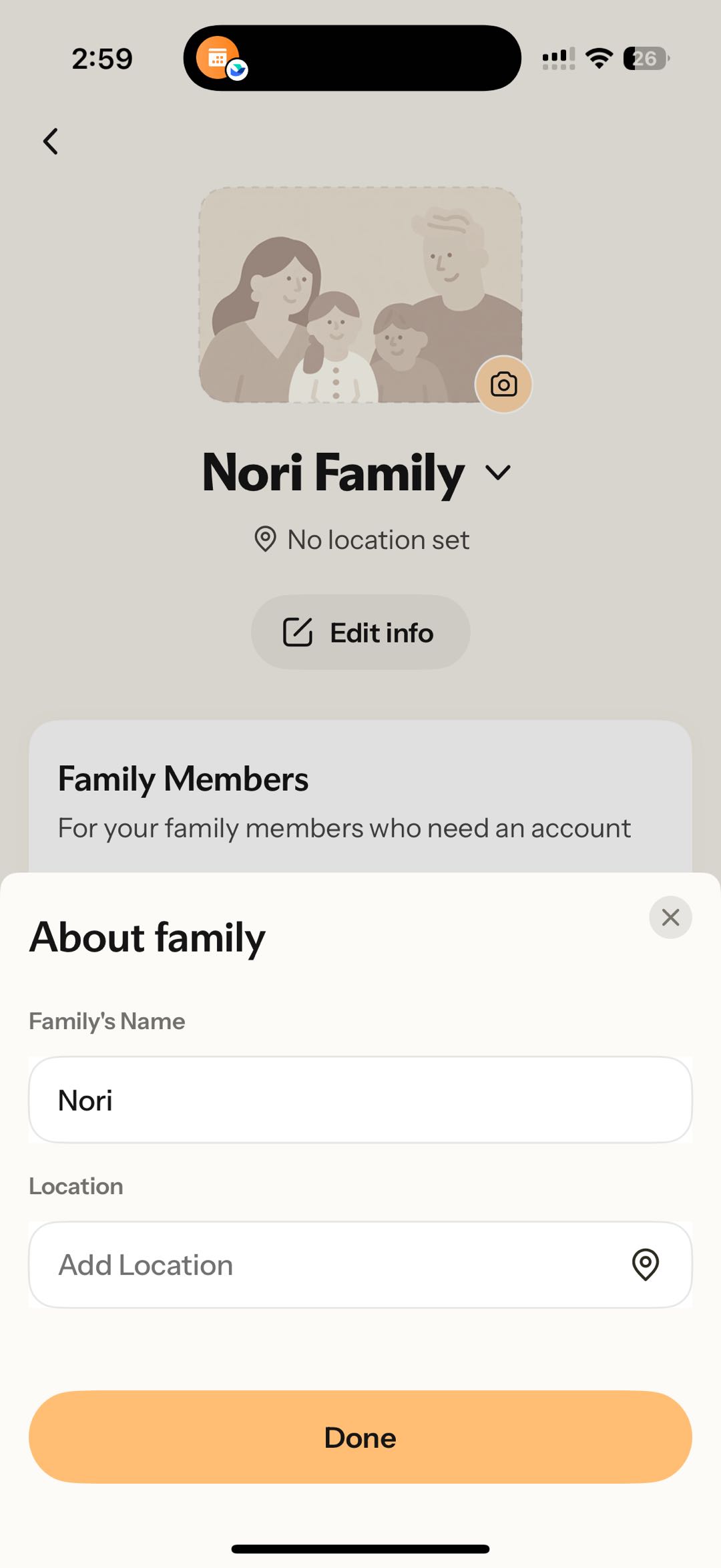 Nori“Nori Family”“Join Pending”“Edit info”“About family”“Nori”“Location”“Add Location”“Done”“Edit family info”