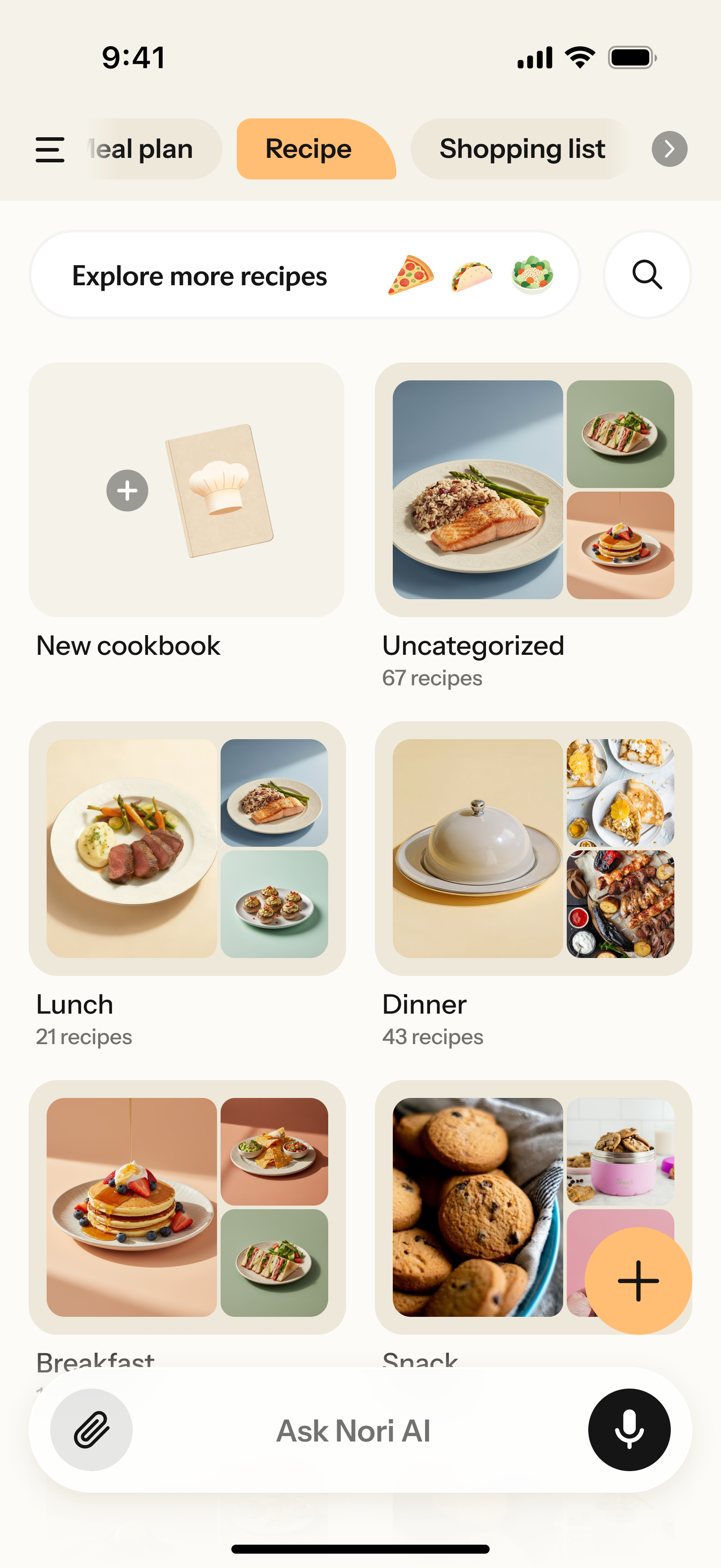 Nori appRecipe“Meal plan”“Recipe”“Shopping list”“Recipe”“Explore more recipes”“New cookbook”“Uncategorized”“Lunch”“Dinner”“Breakfast”“Snack”“Lunch”21“Ask Nori AI”Nori appRecipe