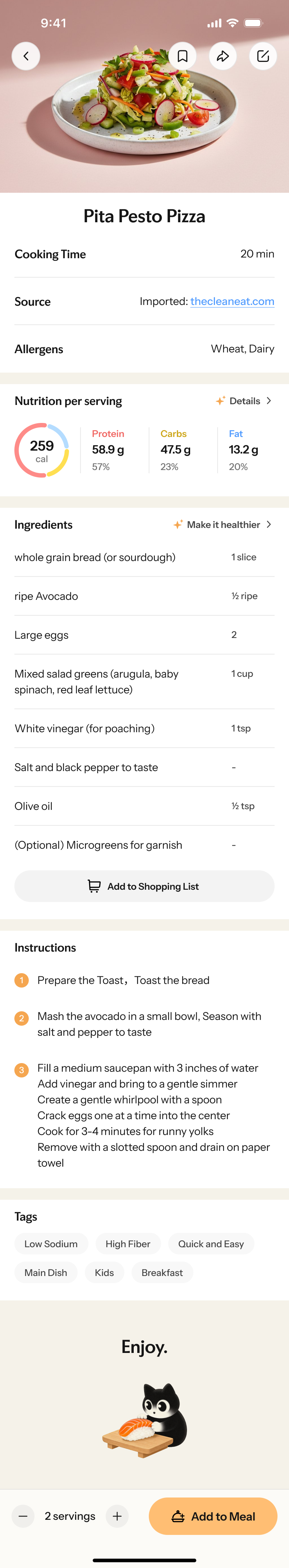 Nori app“Pita Pesto Pizza”25957%“Add to Shopping List”“Add to Meal”