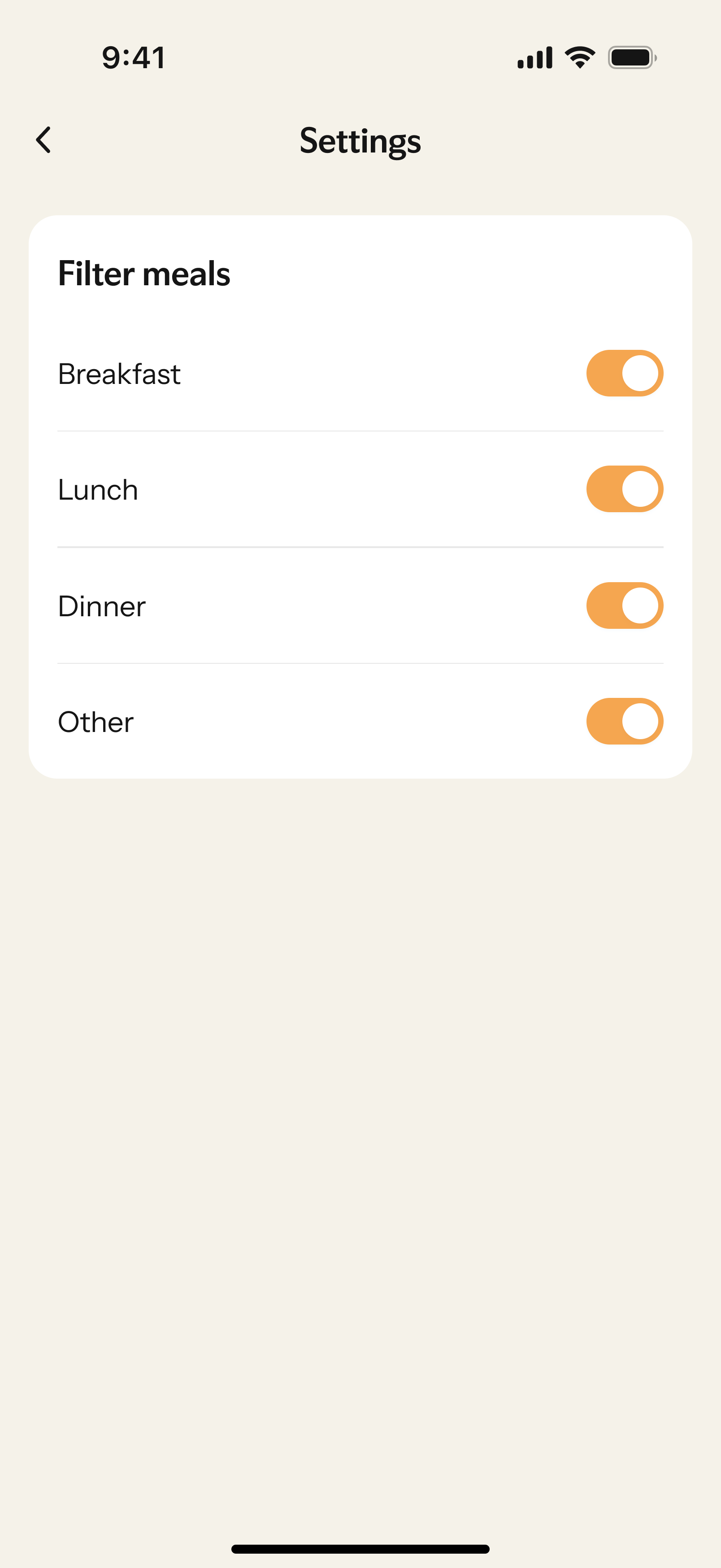 “Meal Plan”“Settings”9:41Wi-Fi“Filter meals”“Meal Plan settings”