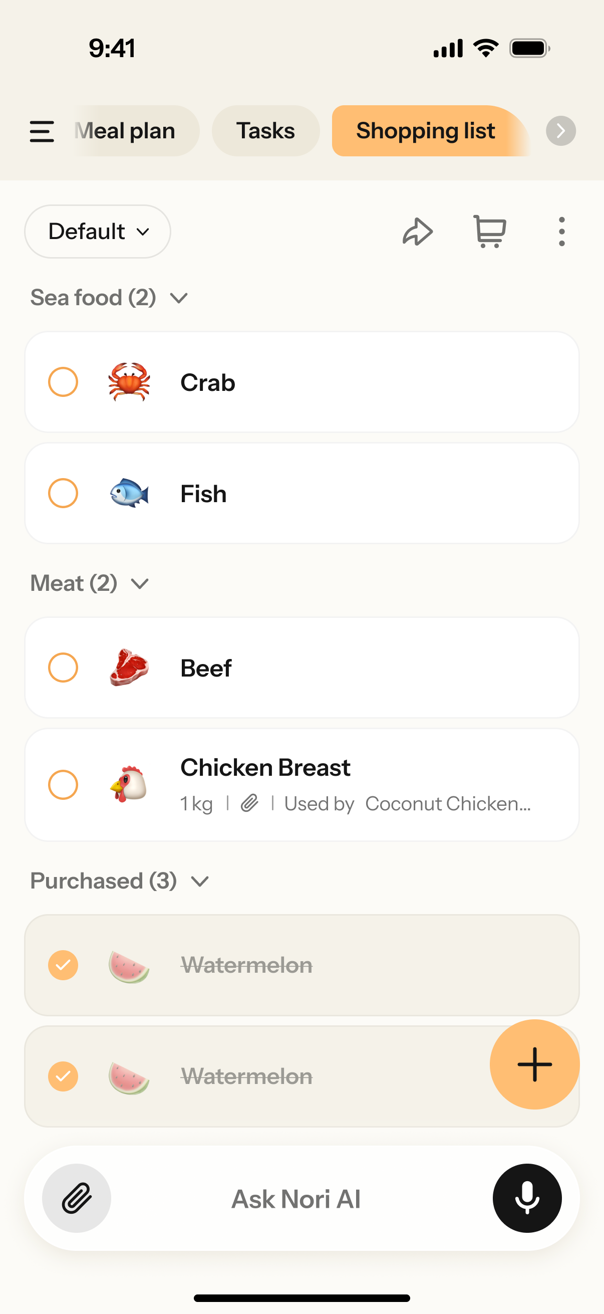 Nori app“Shopping list”DefaultSea foodMeatPurchasedDefaultMeatPurchased“Ask Nori AI”“Lists and categories”Shopping ListsShopping Lists