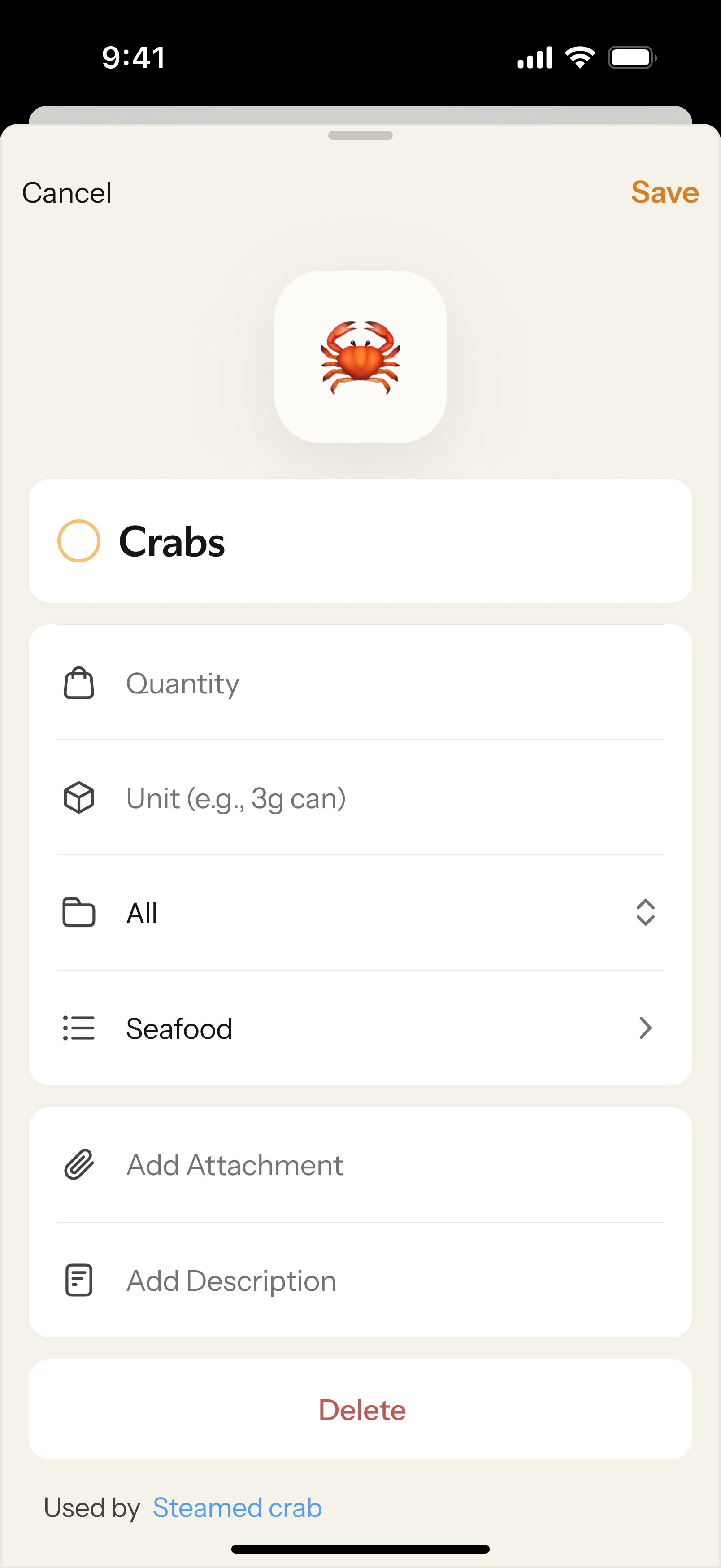Nori“”“Crabs”“Save”“Cancel”QuantityUnitSeafoodAdd AttachmentAdd DescriptionDelete“Steamed crab”