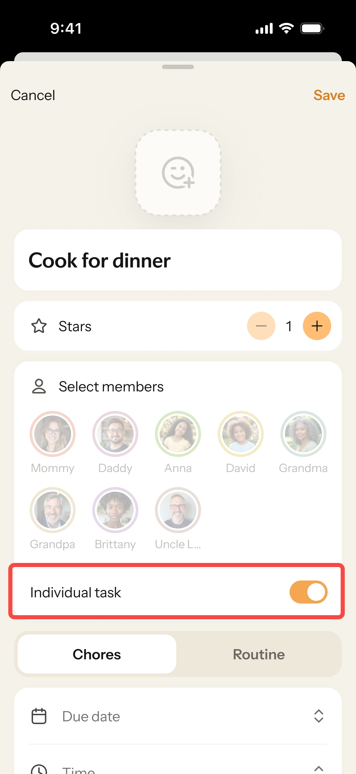 Nori“Cook for dinner”1MommyDaddyAnnaDavidGrandmaGrandpaBrittanyUncle L...“Chores”“Routine”“Chores”“Individual task”